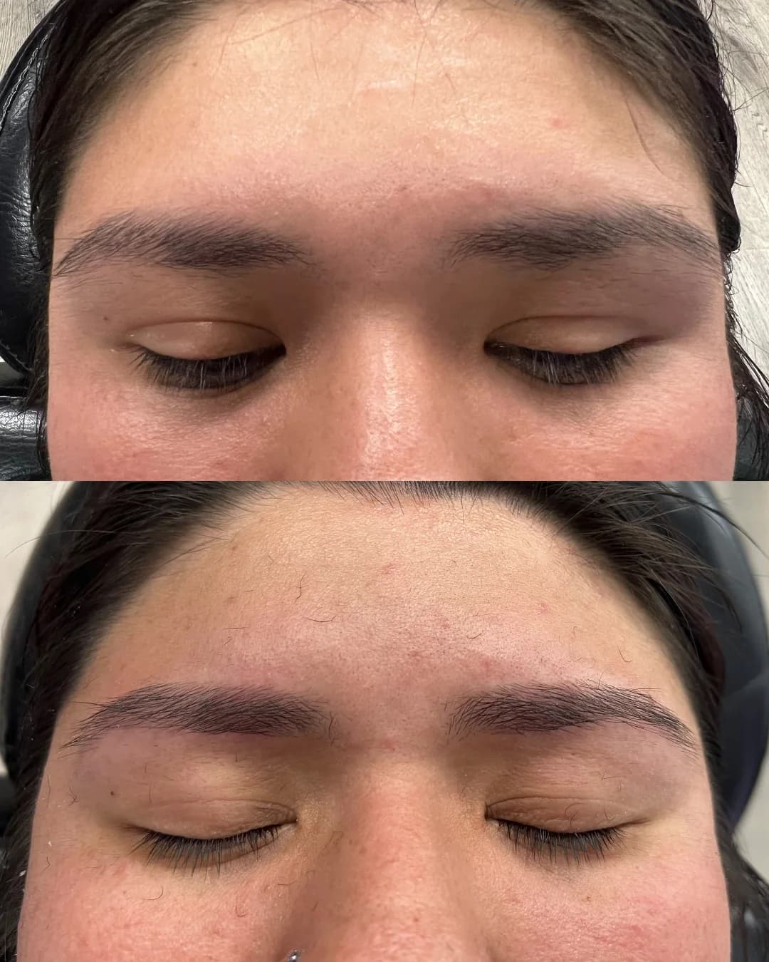 A third client's eyebrows before (top) and after (bottom) threading at Shubh Beauty